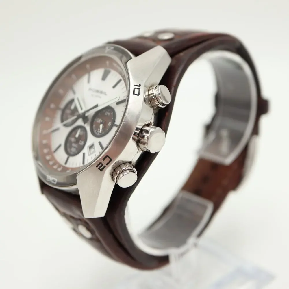 Fossil Coachman Mens Brown 45mm Watch Date Wood Grain Leather Cuff w New Battery